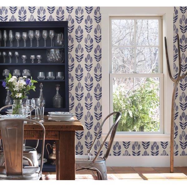 Scandinavian Blue Block Print Tulip  | Brewster Wallcovering - The WorkRm