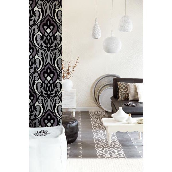 Sahrzad Black Nouveau Flocked Damask Wallpaper  | Brewster Wallcovering - The WorkRm