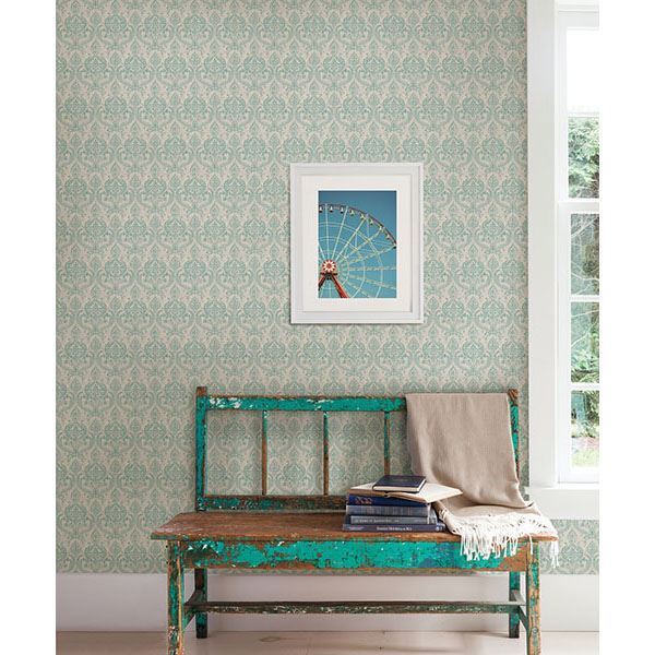 Isla Turquoise Petite Damask - Brewster Wallcovering