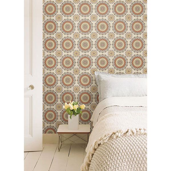 Gemma Coral Boho Medallion - Brewster Wallcovering