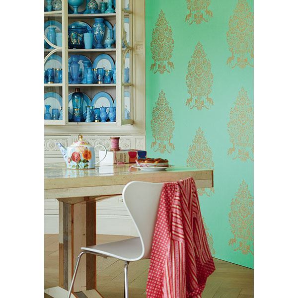 Till Turquoise President Damask - Brewster Wallcovering