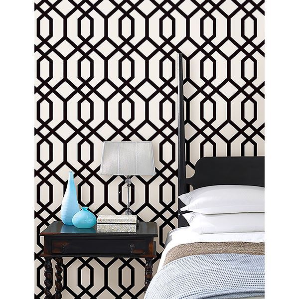 Trellis Black Montauk Wallpaper - Brewster Wallcovering