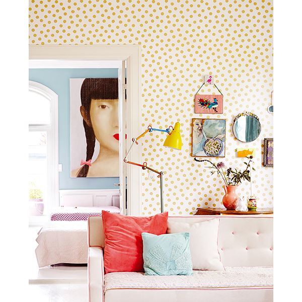 Odette Gold Stamped Dots Wallpaper  | Brewster Wallcovering