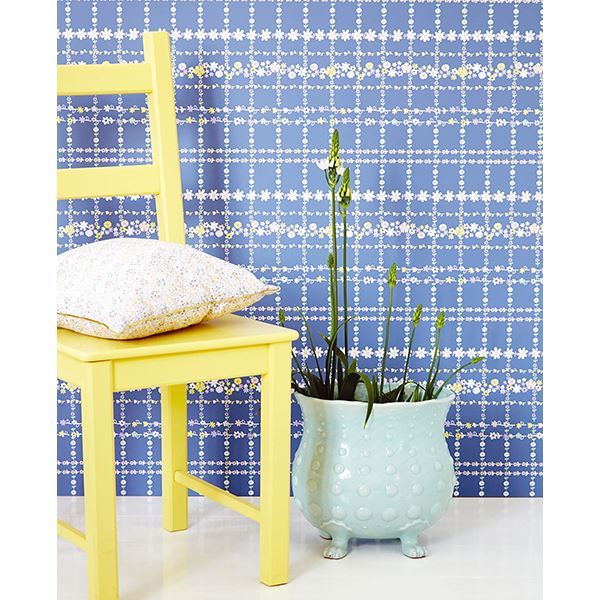 Belina Blue Flower Check Wallpaper  | Brewster Wallcovering