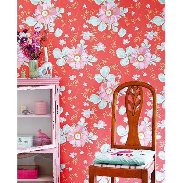 Lyse Coral Painted Flowers Wallpaper  | Brewster Wallcovering - The WorkRm