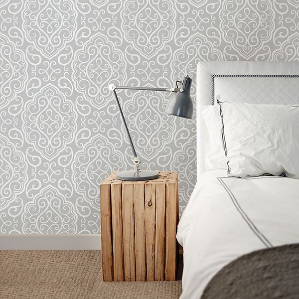 Heavenly Grey Damask Wallpaper  | Brewster Wallcovering - The WorkRm