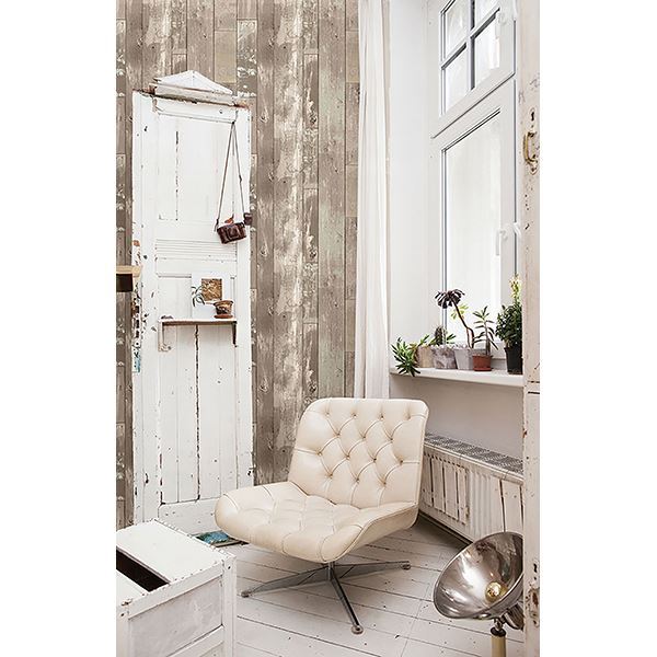 Heim Taupe Distressed Wood Panel Wallpaper  | Brewster Wallcovering