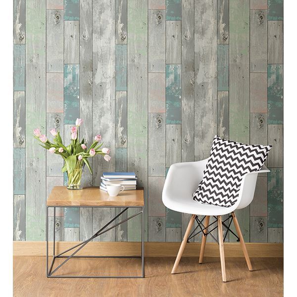 Deena Turquoise Distressed Wood Wallpaper  | Brewster Wallcovering