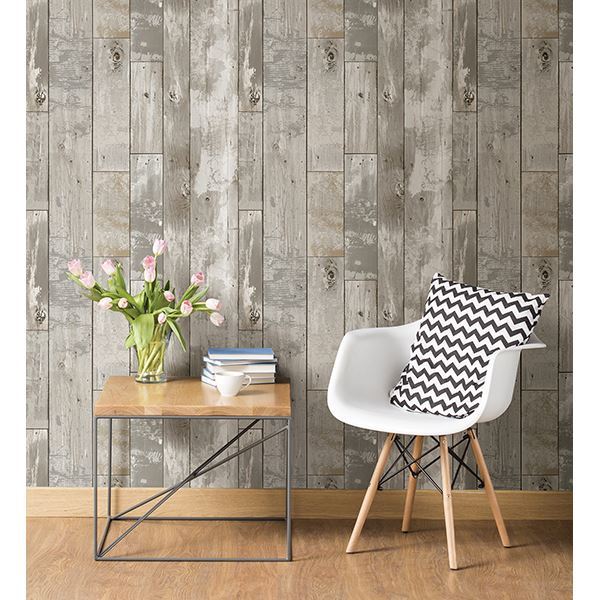 Deena Grey Distressed Wood Wallpaper - Brewster Wallcovering