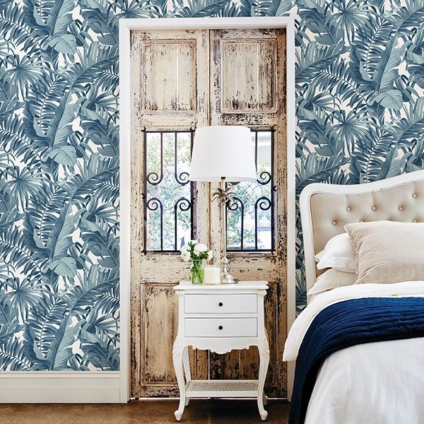 Alfresco Navy Palm Leaf Wallpaper  | Brewster Wallcovering - The WorkRm