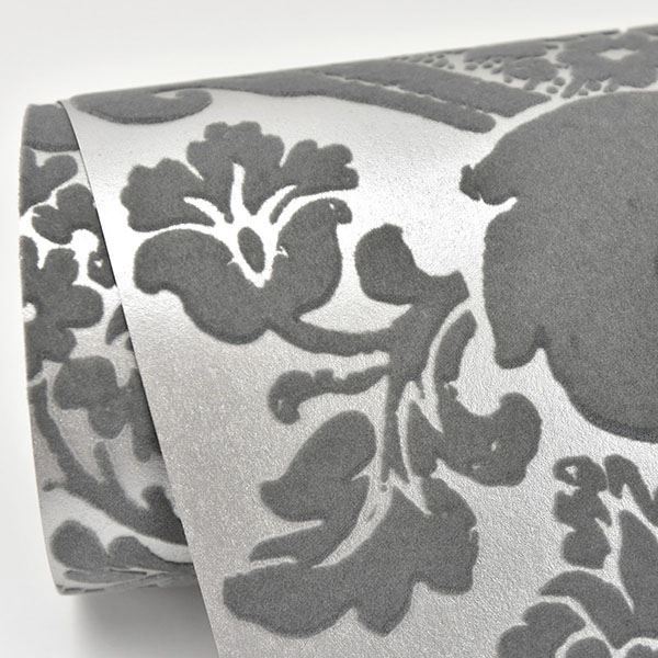 Shadow Grey Flocked Damask Wallpaper  | Brewster Wallcovering - The WorkRm