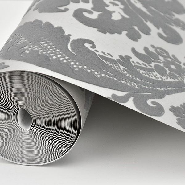 Shadow Grey Flocked Damask Wallpaper  | Brewster Wallcovering - The WorkRm