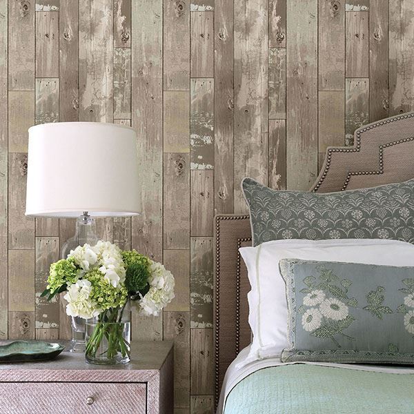 Harbored Neutral Distressed Wood Panel Wallpaper - Brewster Wallcovering