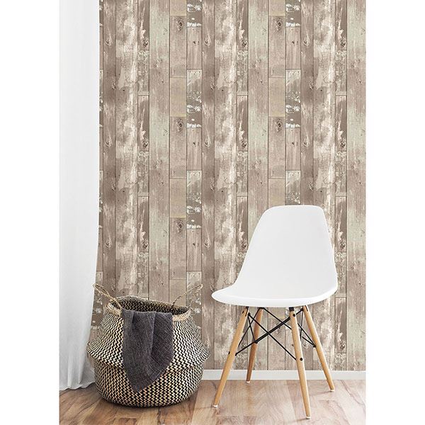 Harbored Neutral Distressed Wood Panel Wallpaper  | Brewster Wallcovering
