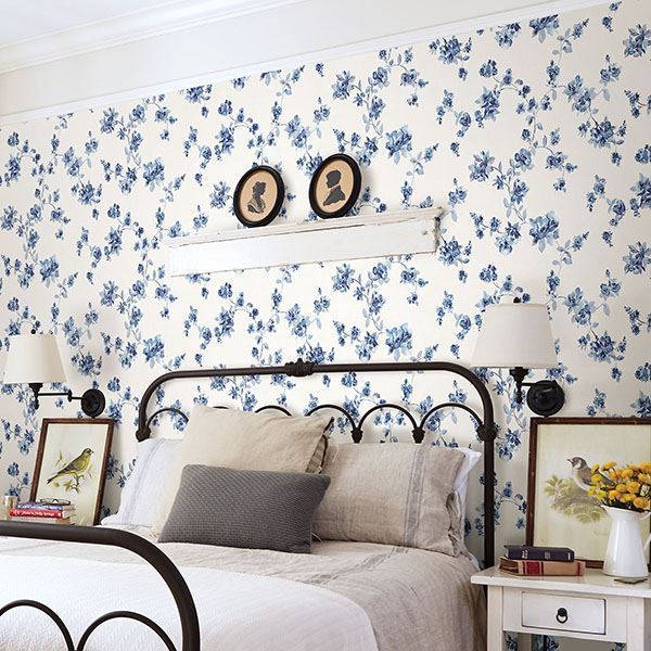 Cyrus Blue Festive Floral Wallpaper  | Brewster Wallcovering - The WorkRm