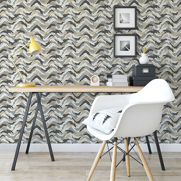 Stealth Grey Camo Wave Wallpaper  | Brewster Wallcovering - The WorkRm