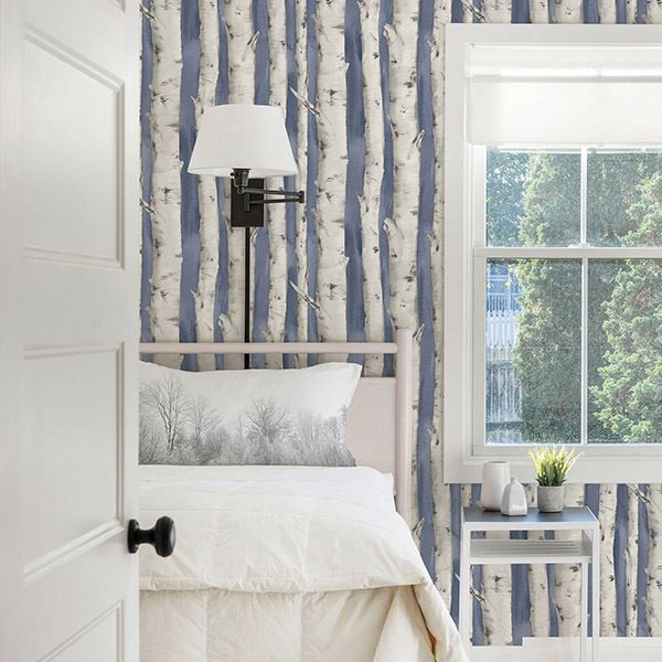 Pioneer Denim Birch Tree Wallpaper  | Brewster Wallcovering - The WorkRm