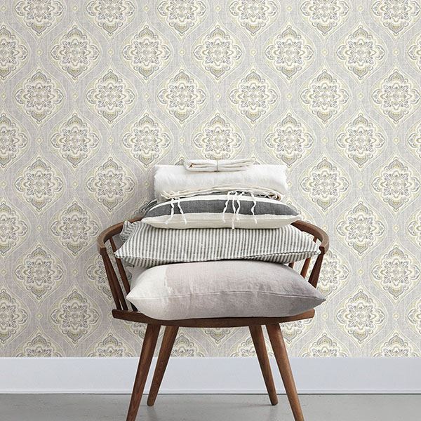 Adele Light Grey Damask Wallpaper  | Brewster Wallcovering - The WorkRm