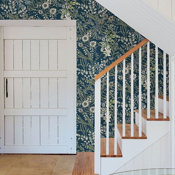 Full Bloom Navy Floral Wallpaper - Brewster Wallcovering