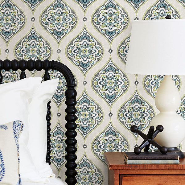 Adele Green Damask Wallpaper - Brewster Wallcovering