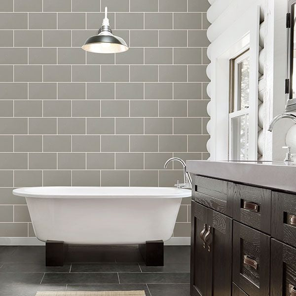 Neale Light Grey Subway Tile Wallpaper - Brewster Wallcovering