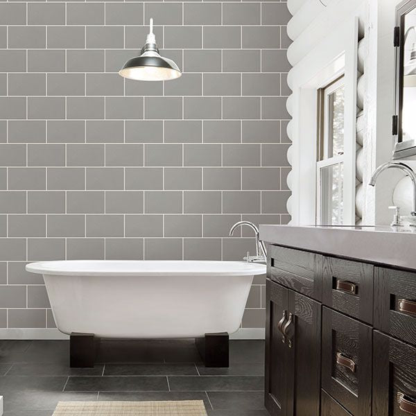 Angelo Grey Subway Tile Wallpaper - Brewster Wallcovering