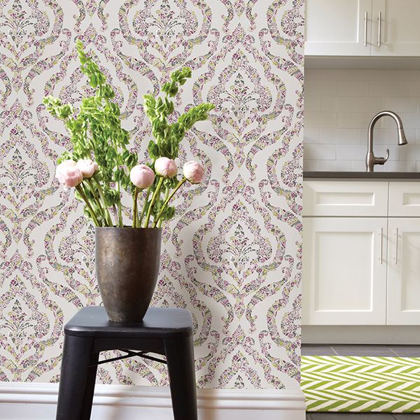 Featherton Pink Floral Damask Wallpaper  | Brewster Wallcovering - The WorkRm