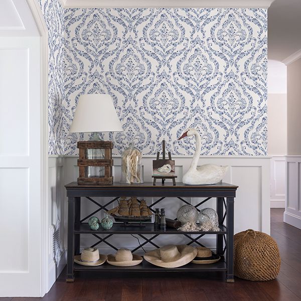 Featherton Blue Floral Damask Wallpaper  | Brewster Wallcovering - The WorkRm