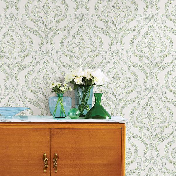 Featherton Light Green Floral Damask Wallpaper  | Brewster Wallcovering - The WorkRm