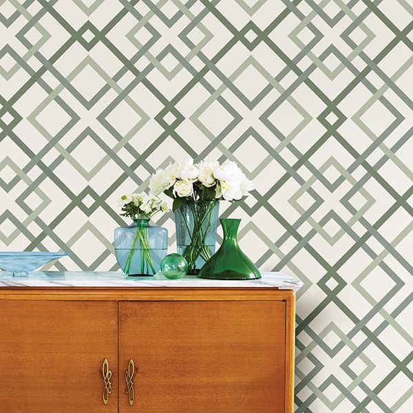 Saltire Emile Green Lattice Wallpaper - Brewster Wallcovering