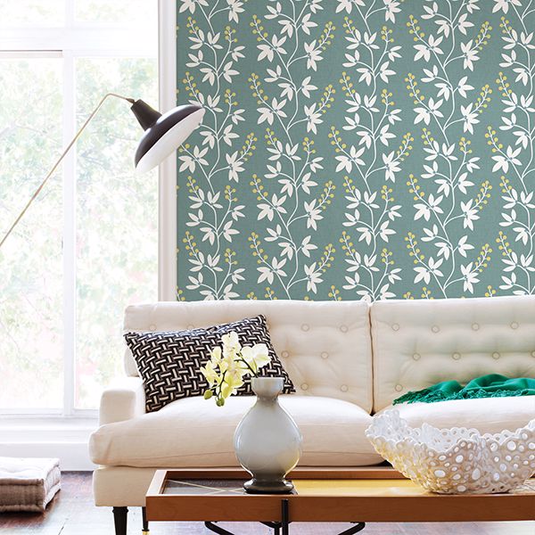 Linnea Elsa Teal Botanical Trail Wallpaper  | Brewster Wallcovering - The WorkRm