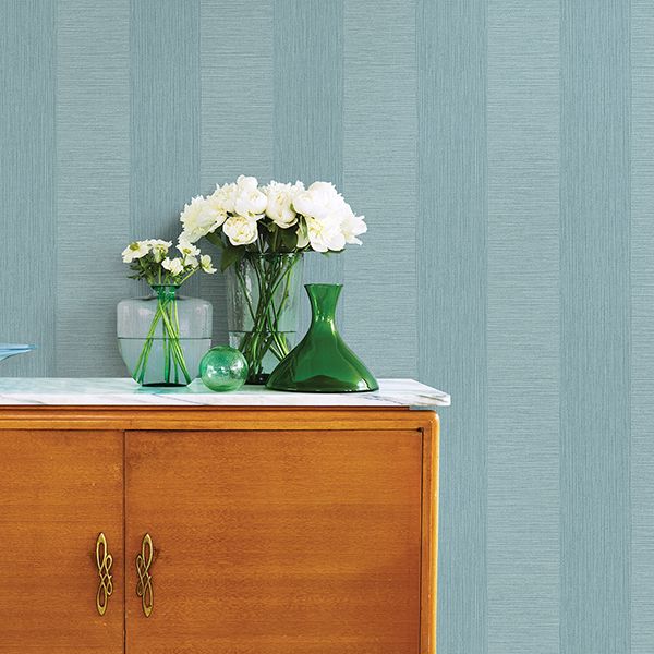 Intrepid Aqua Faux Grasscloth Stripe Wallpaper  | Brewster Wallcovering - The WorkRm