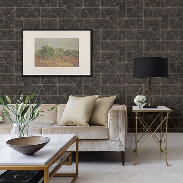 Cheverny Dark Brown Geometric Wood Wallpaper - Brewster Wallcovering