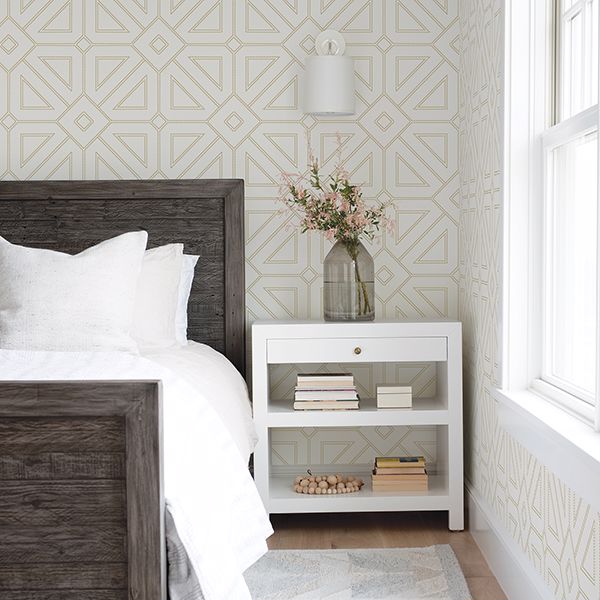 Voltaire Ivory Beaded Geometric Wallpaper  | Brewster Wallcovering - The WorkRm