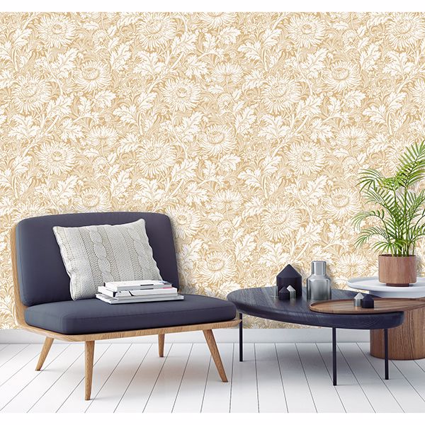 Zinnia Mustard Floral Wallpaper  | Brewster Wallcovering - The WorkRm