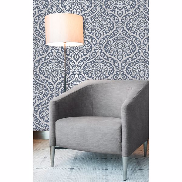 Sandringham Blue Damask Wallpaper  | Brewster Wallcovering - The WorkRm