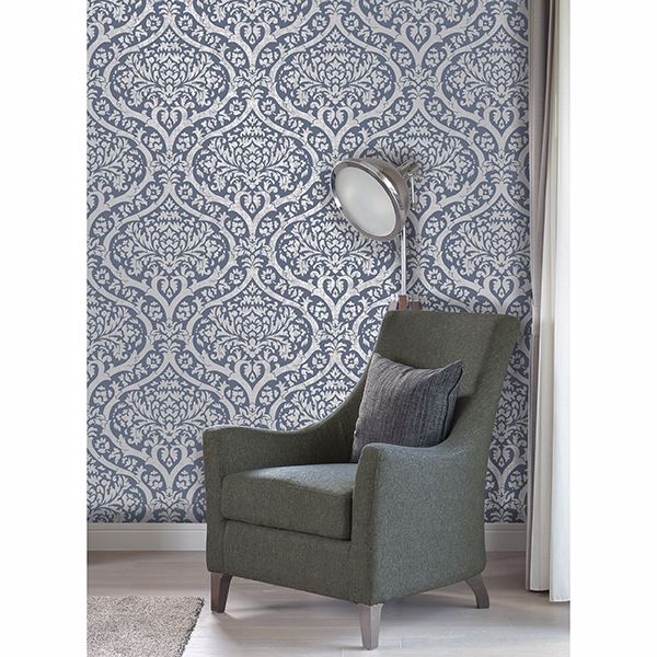 Sandringham Blue Damask Wallpaper  | Brewster Wallcovering - The WorkRm