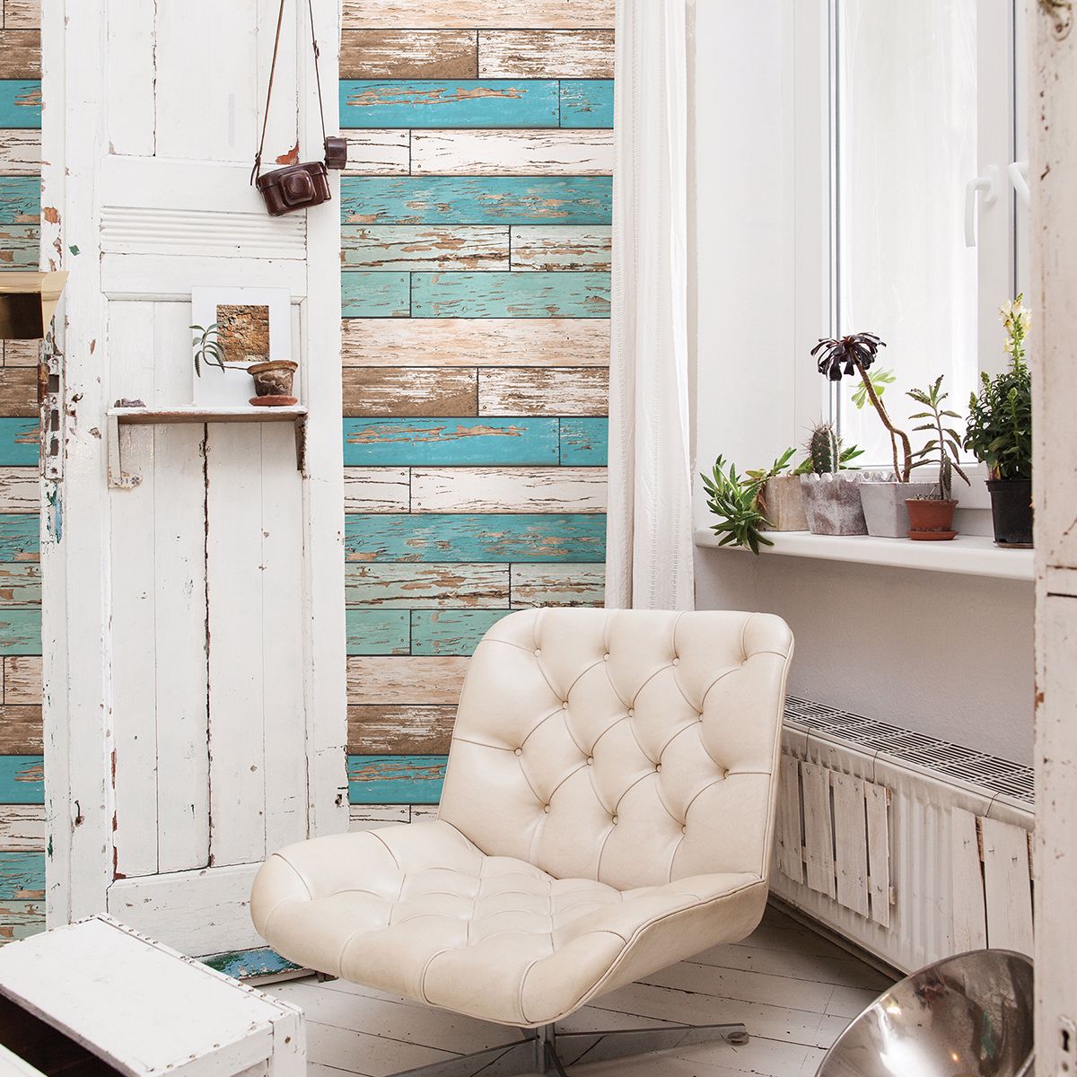 Levi Turquoise Scrap Wood Wallpaper  | Brewster Wallcovering