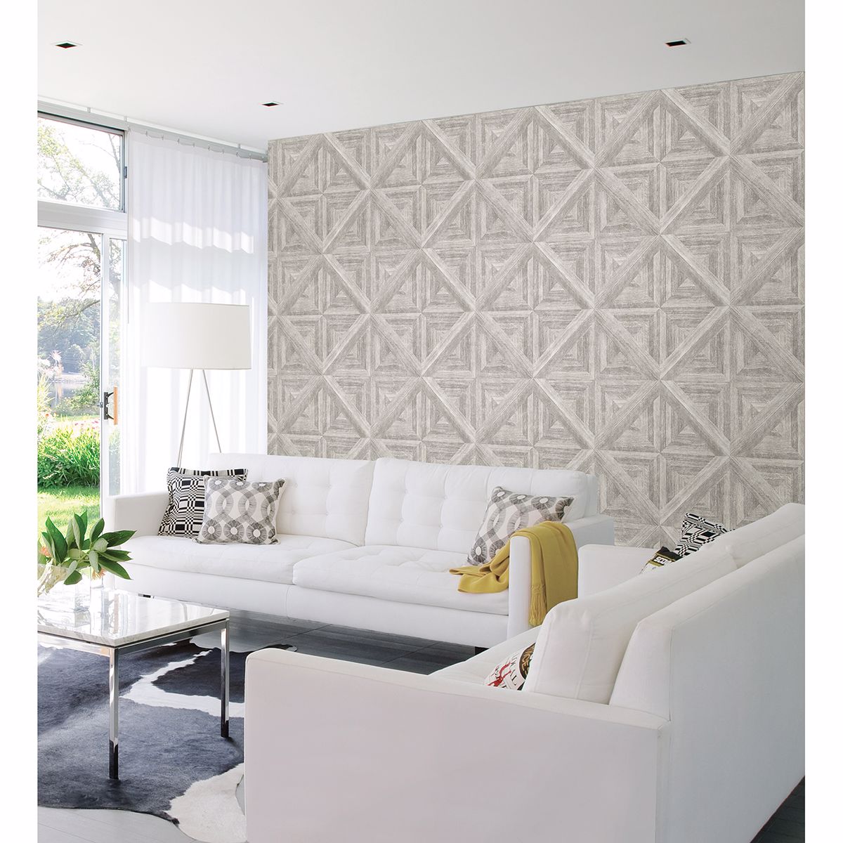 Carriage House White Geometric Wood Wallpaper  | Brewster Wallcovering