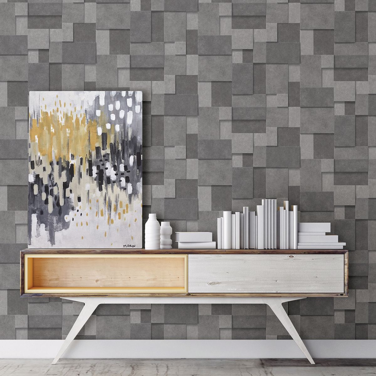 Duchamp Dark Grey Metallic Squares Wallpaper - Brewster Wallcovering