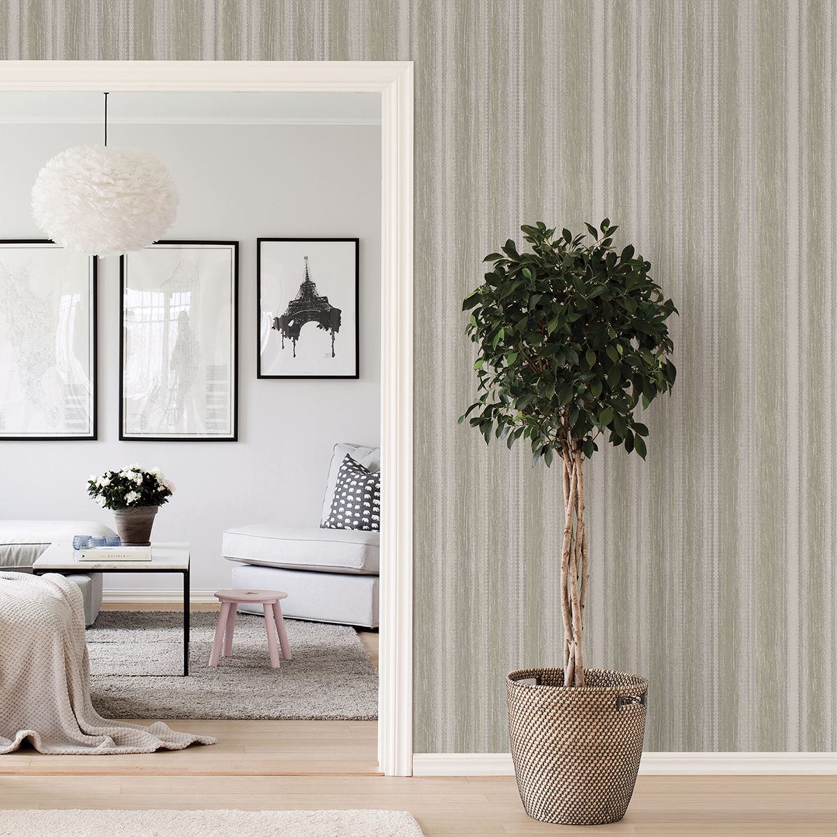 Zazie Neutral Stripe Texture Wallpaper - Brewster Wallcovering