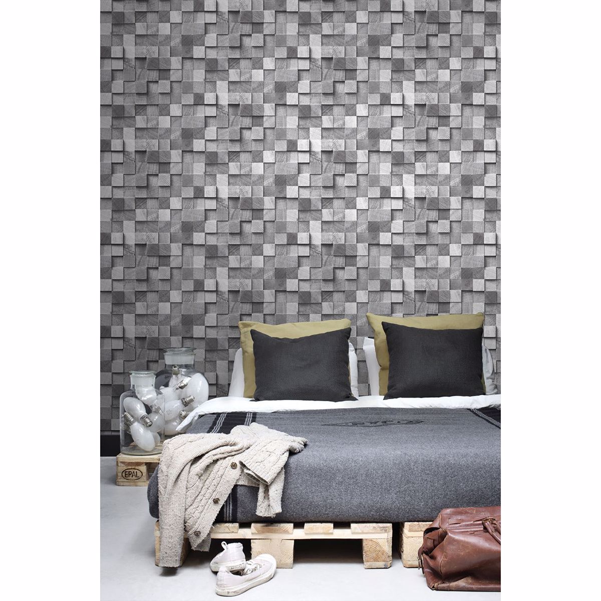 Tevye Grey Wood Geometric Wallpaper - Brewster Wallcovering