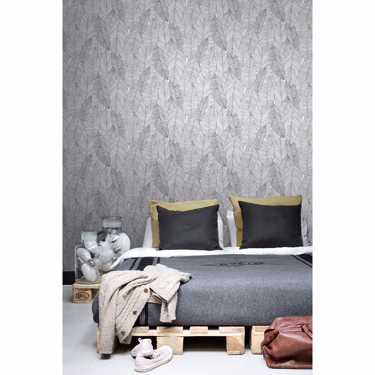 Thuy Grey Banana Leaves Wallpaper  | Brewster Wallcovering