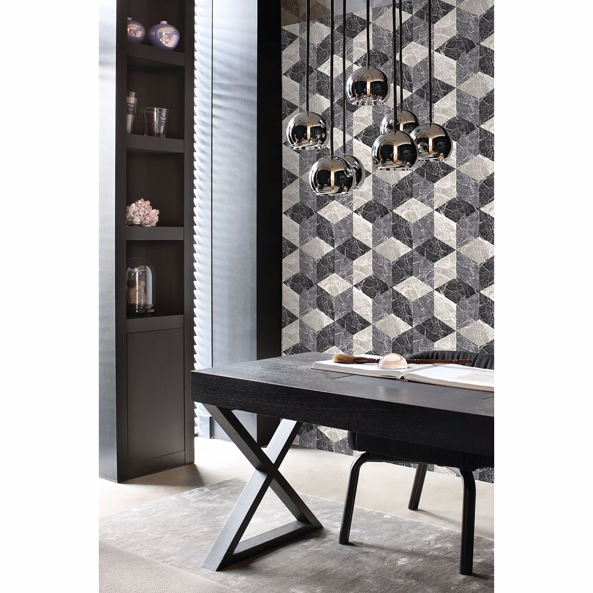 Rizzo Black Geometric Stone Wallpaper - Brewster Wallcovering