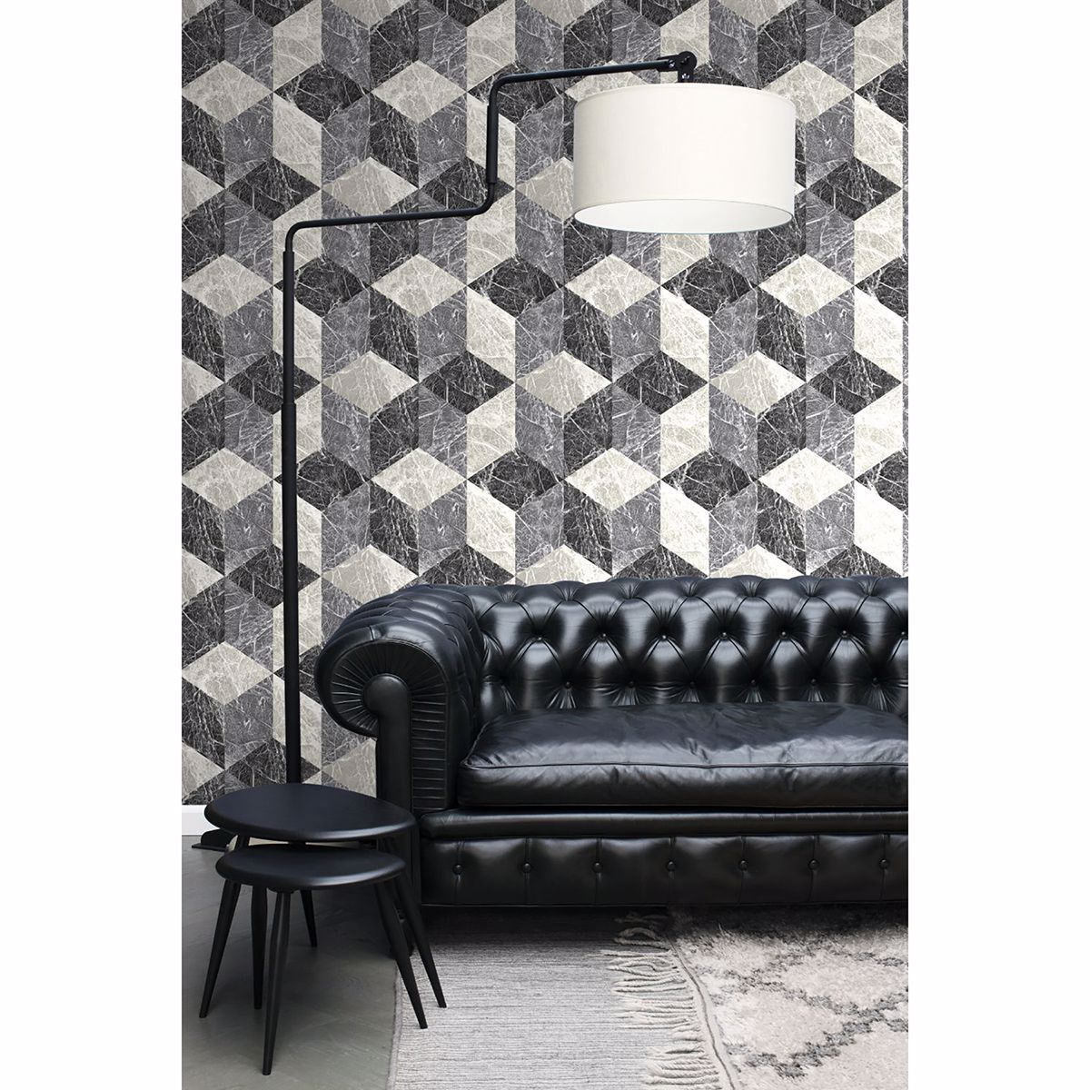 Rizzo Black Geometric Stone Wallpaper  | Brewster Wallcovering - The WorkRm