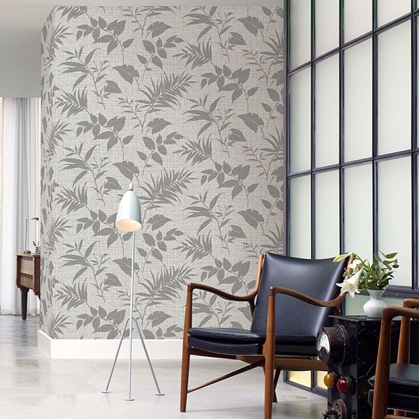 Chandler Light Grey Botanical Faux Grasscloth Wallpaper  | Brewster Wallcovering