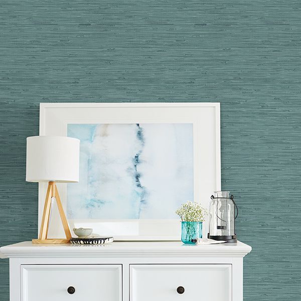 Fiber Teal Faux Grasscloth Wallpaper  | Brewster Wallcovering - The WorkRm