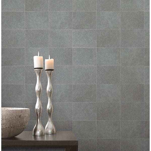 Cecelia Dark Grey Faux Tile Wallpaper  | Brewster Wallcovering