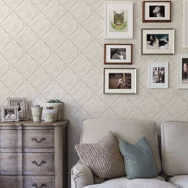 Brandi White Metallic Faux Tile Wallpaper  | Brewster Wallcovering