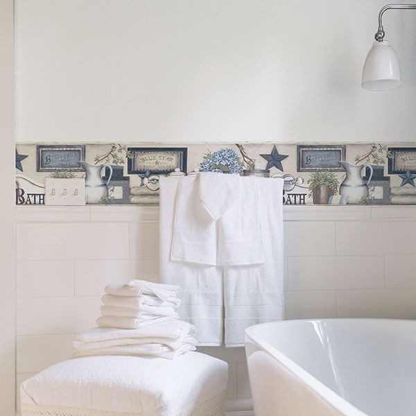 Country Bath Blue Rustic Border  | Brewster Wallcovering